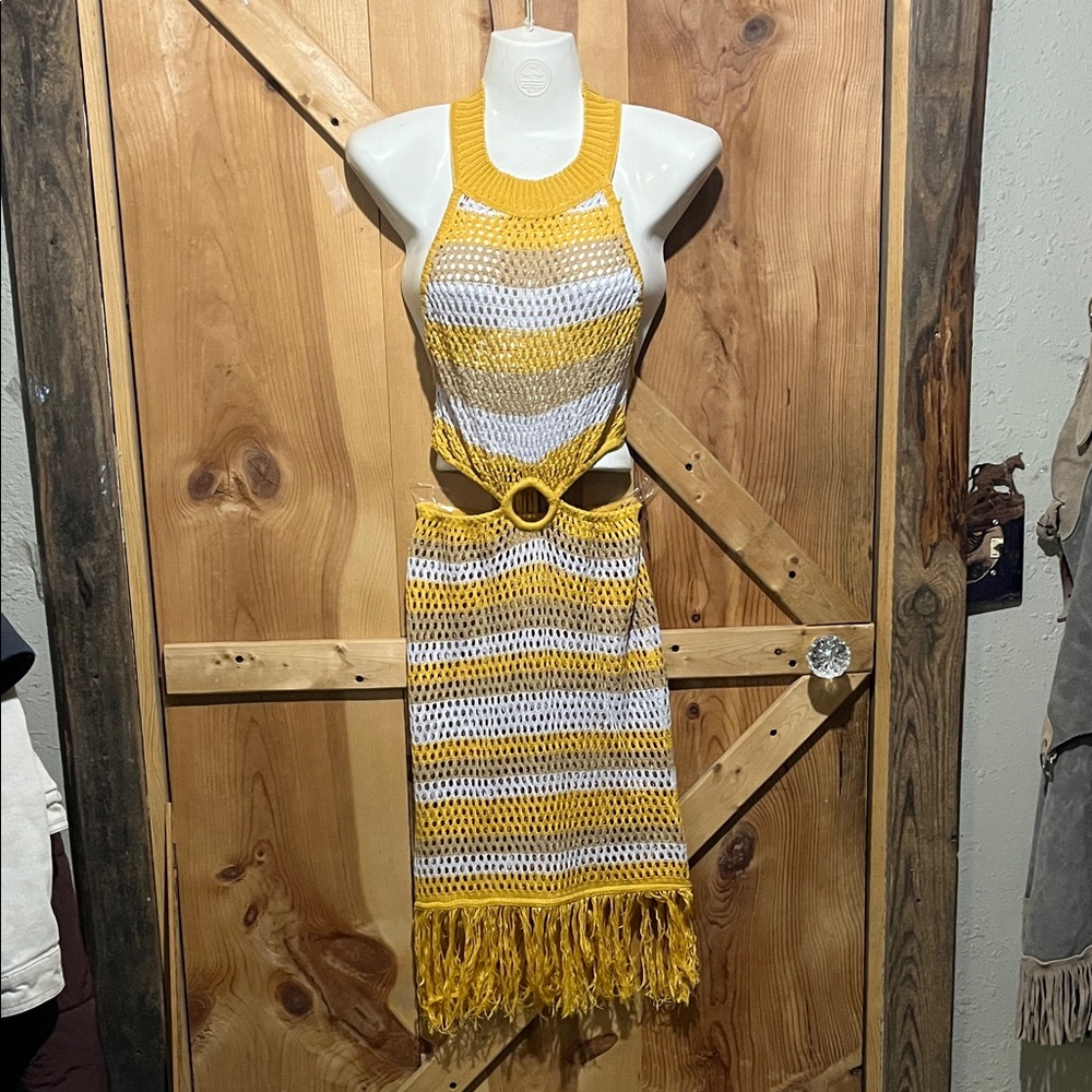 Yellow and White and Tan Striped Crochet Midi Dress with Halter Neck